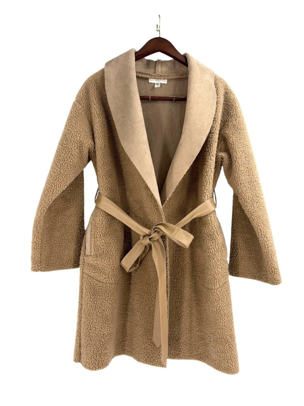 Anthropologie Baci Tan Boucle Sherpa Old Money Wrap Coat Belted Womens Small